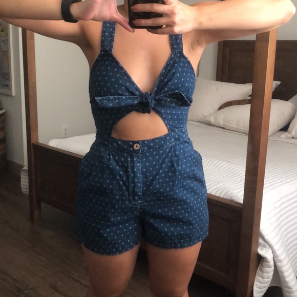 Free People patterned denim overall romper - Picture 2 of 7